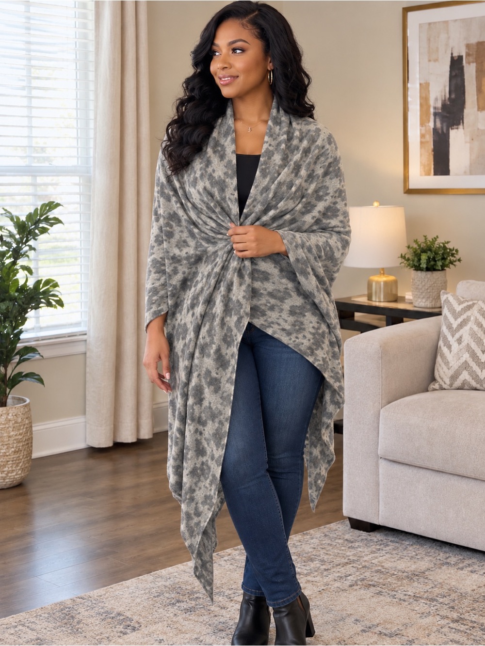 Mystree Gray Patterned Wrap Shawl